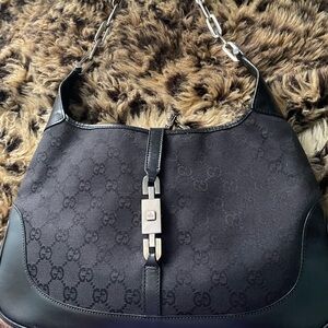 GUCCI black canvas Leather Jackie O chain strap Hobo